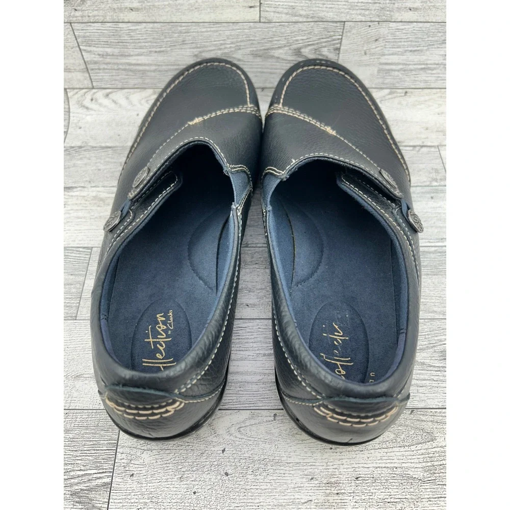 Clarks Collection Navy Leather Slip On Loafers Women 10W Ultimate Comfort Button